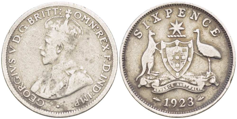 Австралия 6 пенсов 1923 m, Георг V (1910-1936), герб Австралии KM 25 серебро 3955-1266