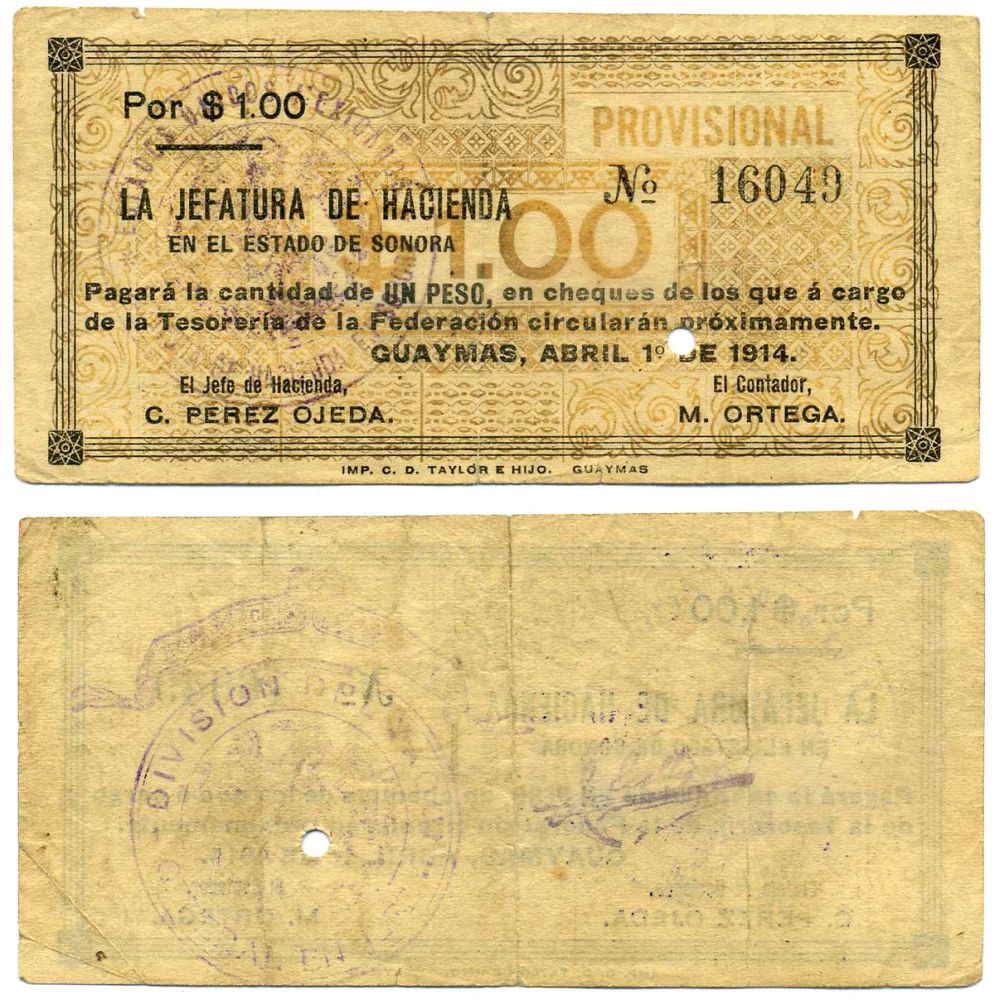 Мексика 1 песо 1914 1 апреля 1914, Jefatura de Hacienda, Guaymas Pick S 1057c(1) бумага 8603-3-2-2