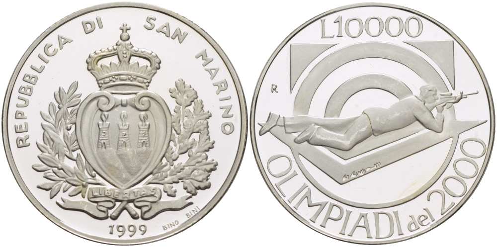 Сан-Марино 10000 лир 1999 XXVII летние Олимпийские игры 2000 года в Сиднее, стендовая стрельба KM 398 серебро PROOF 00-000-00
