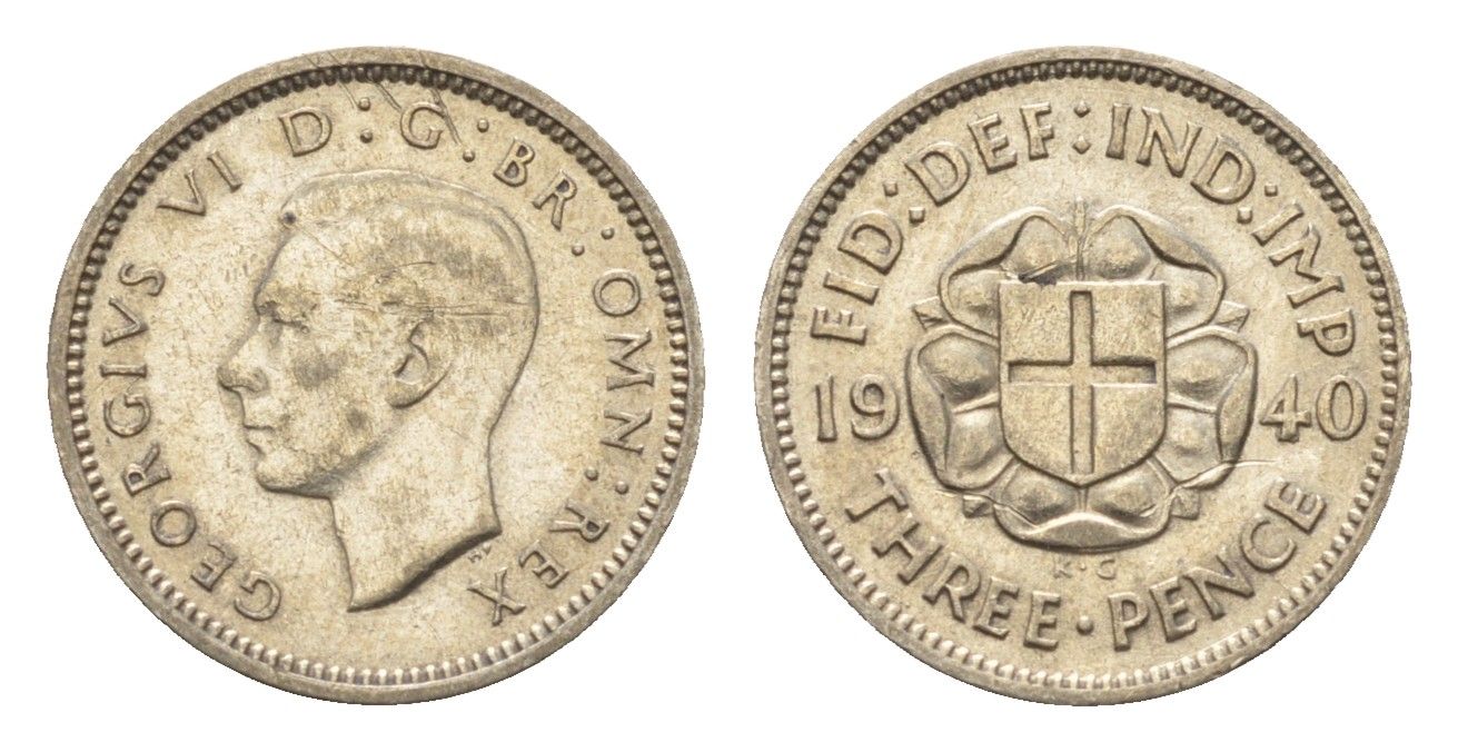 Великобритания 3 пенса 1940 Георг VI (1936-1952) KM 848, Spink 4085 серебро 4567-431