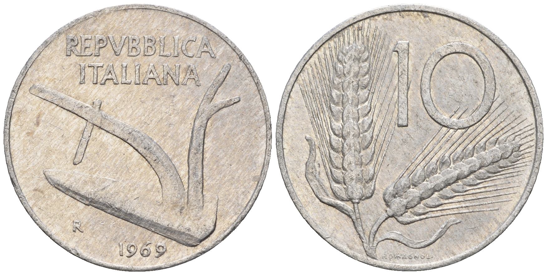Италия 10 лир 1969 R, колосья, плуг KM 93 алюминий 259-125
