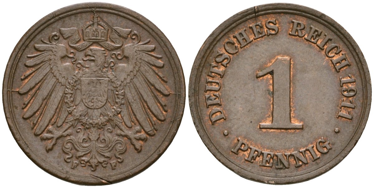 Германия 1 пфенниг 1911 F, Вильгельм II (1888-1918) KM 10, J. 10 медь 4608-616