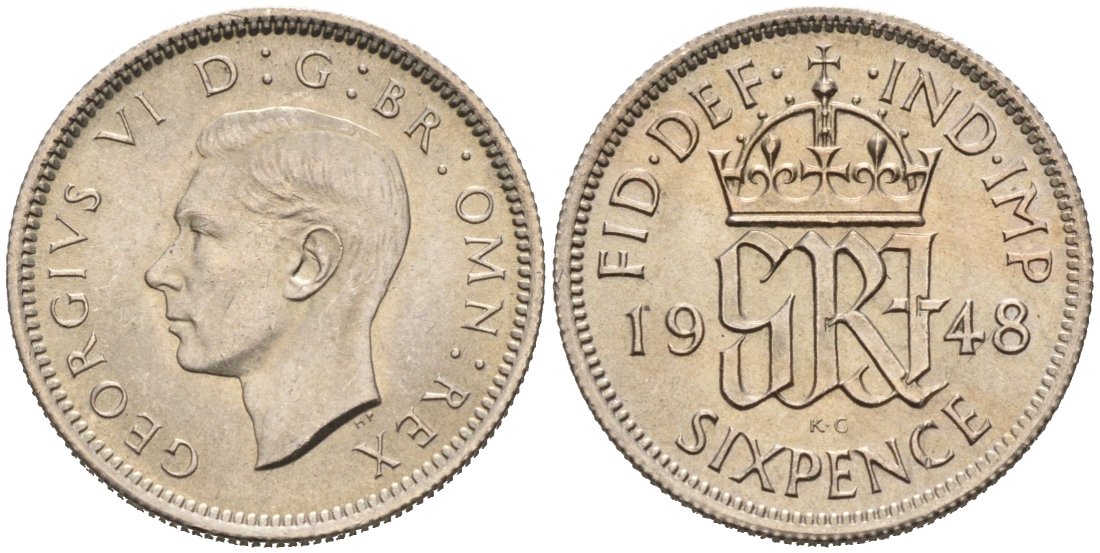 Великобритания 6 пенсов 1948 Георг VI (1936-1952) KM 862, Spink 4105 медно-никель аUNC 92-632