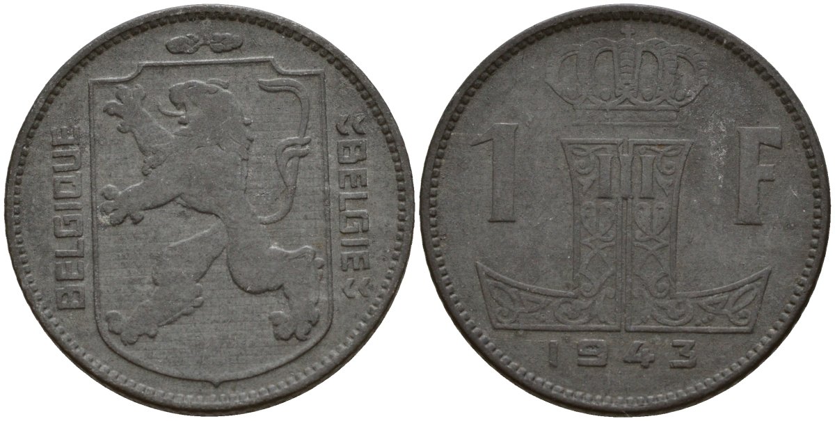 Бельгия 1 франк 1943 Belgique - Belgie, Леопольд III (1934-1947), германская оккупация, Вторая мировая война KM 127 цинк 4161-524