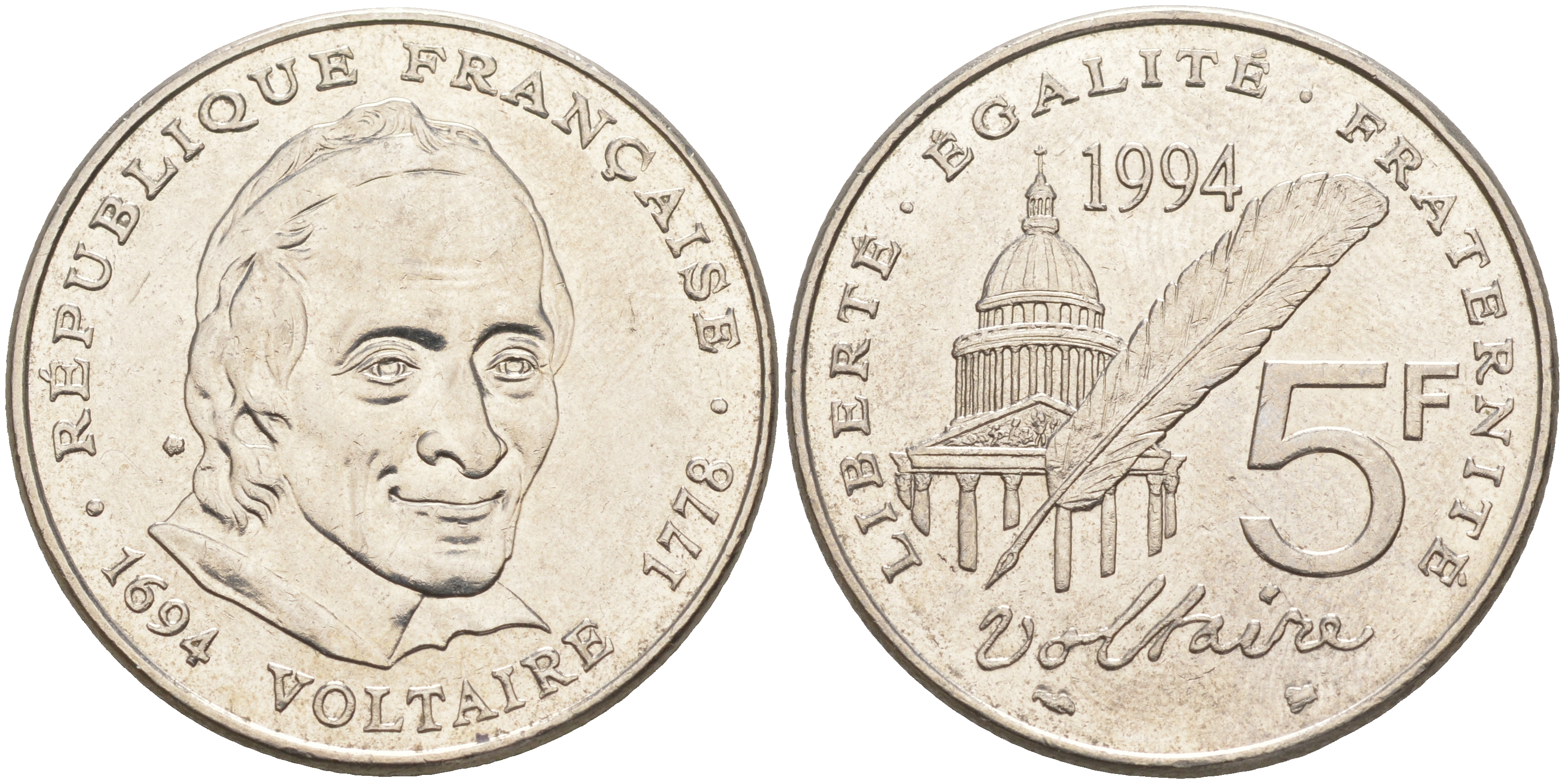 Франция 5 франков 1994 300 лет со дня рождения Вольтера KM 1063, Le Franc 344.2 медно-никель плакированный никелем 111-846