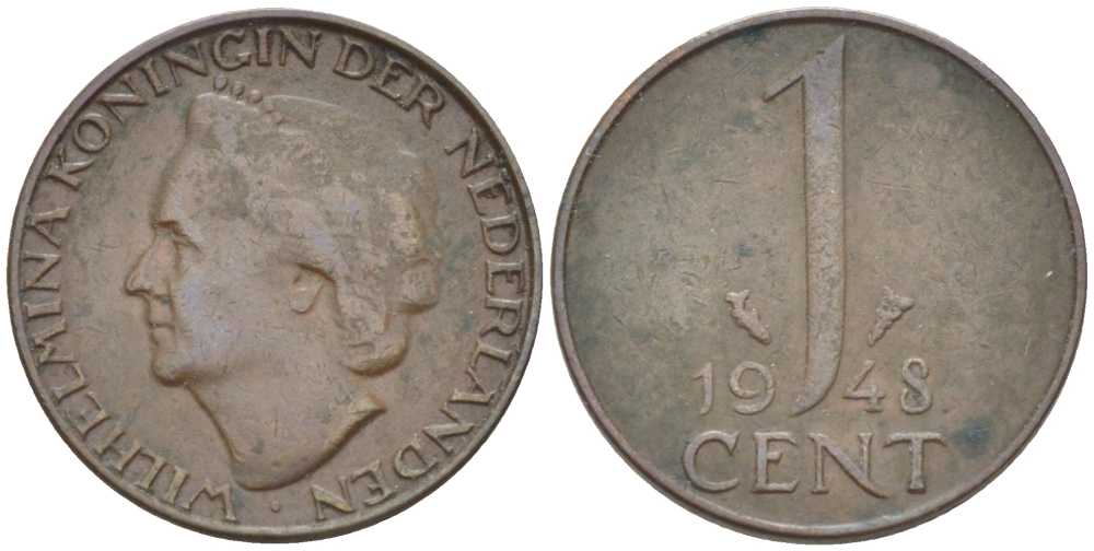 НИДЕРЛАНДЫ 1 ЦЕНТ 1948 ВИЛЬГЕЛЬМИНА (1890-1948) KM 107 бронза 214-1013