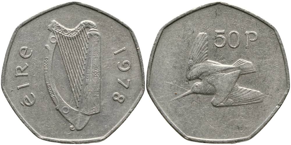 ИРЛАНДИЯ 50 ПЕНСОВ 1978 ВАЛЬДШНЕП KM 24 медно-никель 4531-744