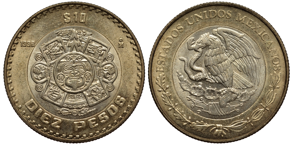 Мексика 10 песо 1998 Мо, бог Тонатиуха с огненной маской KM 616 биметалл XF- 215-1016