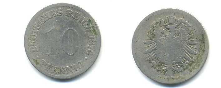 ГЕРМАНИЯ 10 ПФЕННИГОВ 1876 G, СТАРОГЕРБОВКА, KM 4, J. 4 медно-никель 4379-812