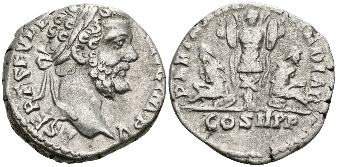 Римская Империя денарий 195 Септимий Север PART ARAB PART ADIAB COS II PP трофей и два пленника Рим Good Very fine RIC 63 серебро 1073-4-92