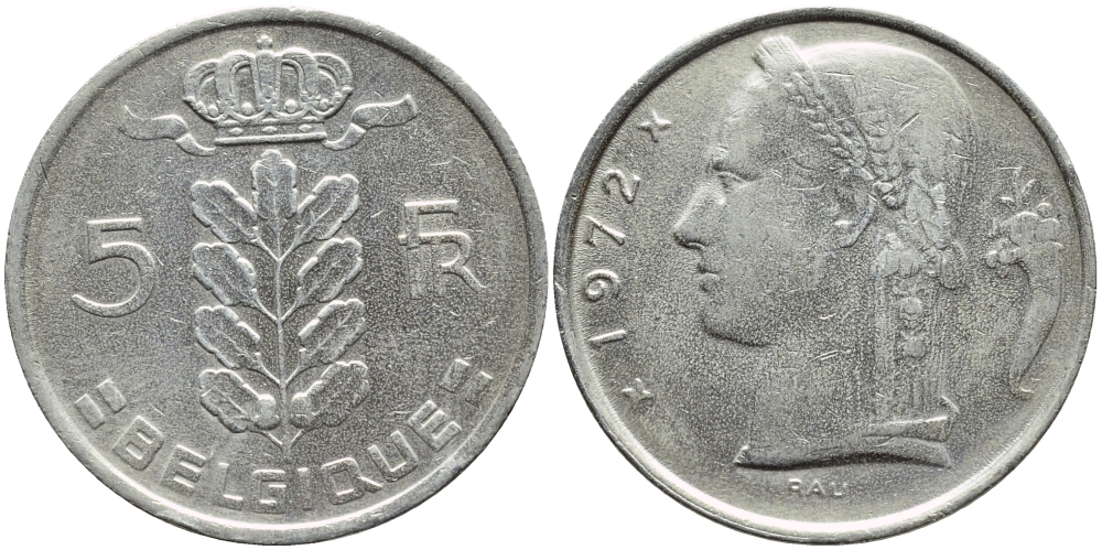 Бельгия 5 франков 1972 Belgique, Бодуэн I (1951-1993) KM 134.1 медно-никель 4606-1115