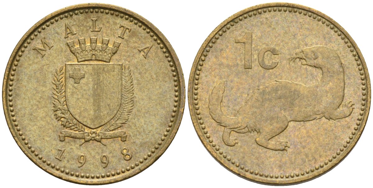 Мальта 1 цент 1998 ласка, горностай KM 93 никель латунь 4585-1244