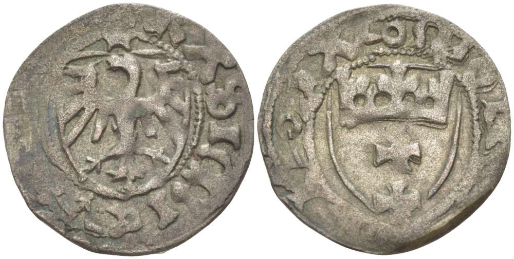 Польша, Данциг 1 шиллинг (шеляг) 1442-1495 Казимир IV династия Ягеллонов (1442-1495), вес 1,44 гр. Kopicki 7224 серебро 1517-435