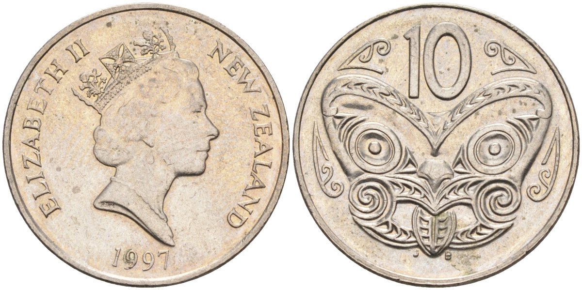 Новая Зеландия 10 центов 1997 Елизавета II (1952-2022), маска маори KM 61 медно-никель 4126-1237