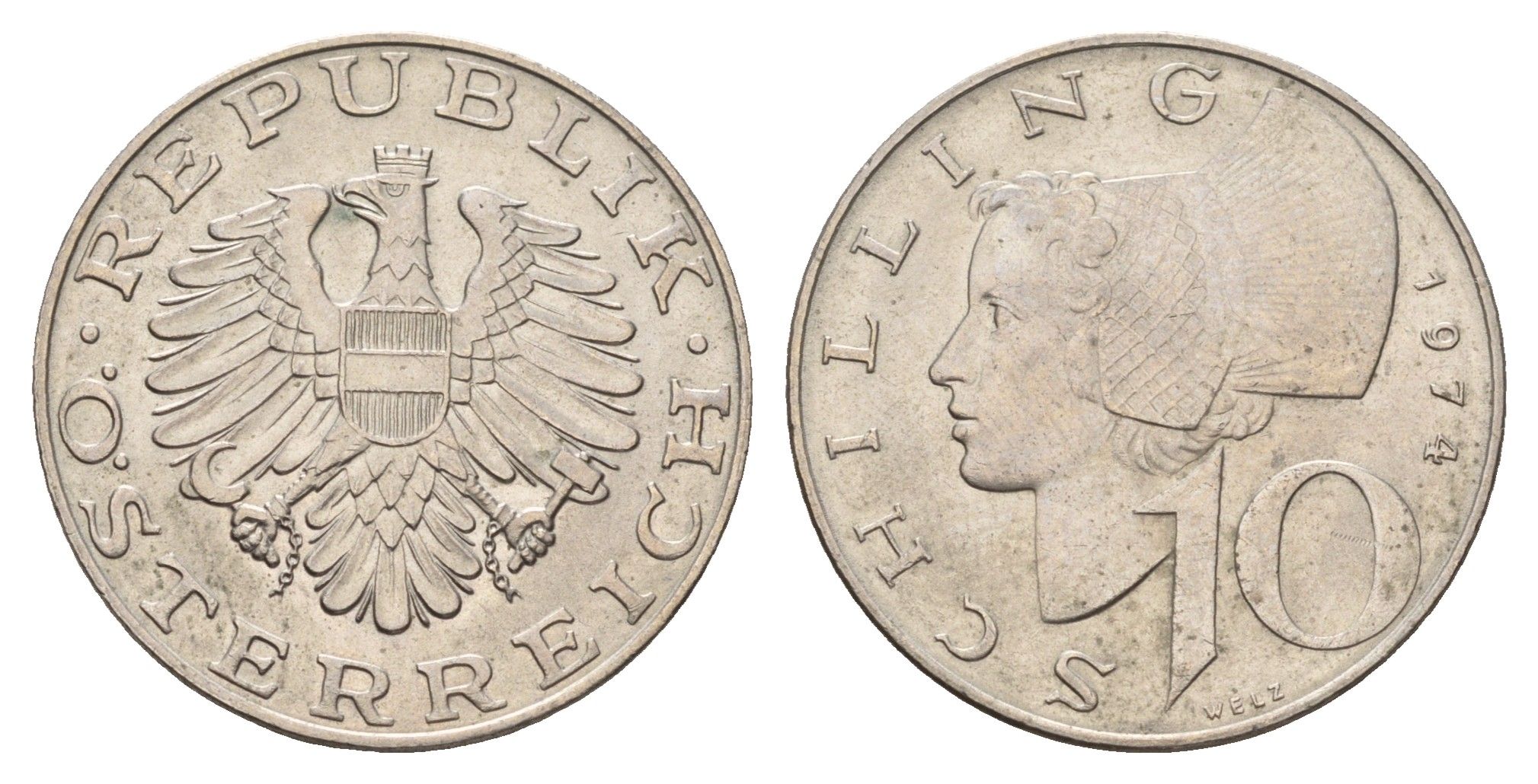 Австрия 10 шиллингов 1974 KM 2918 медно-никель UNC 4671-652