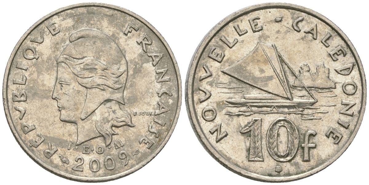 Французская Новая Каледония 10 франков 2009 рыбачья парусная лодка, (IEOM) KM 11a, Schoen 13a, Lec 99k медно-никель 61-1154