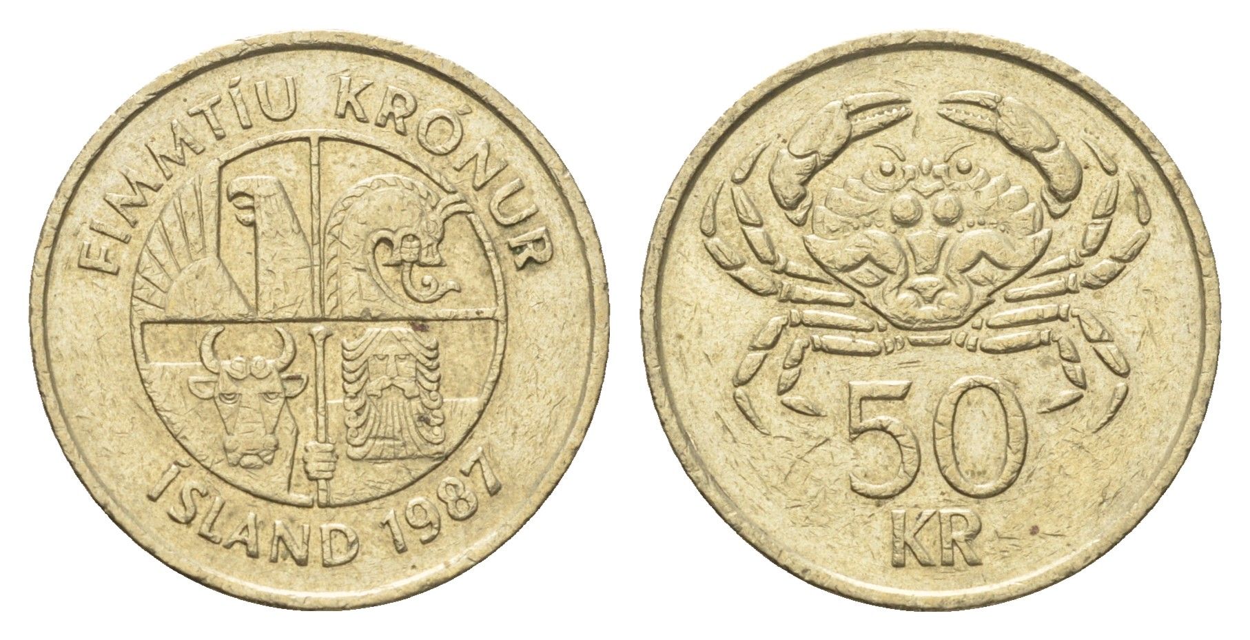 Исландия 50 крон 1987 краб KM 31 никель латунь 4695-543