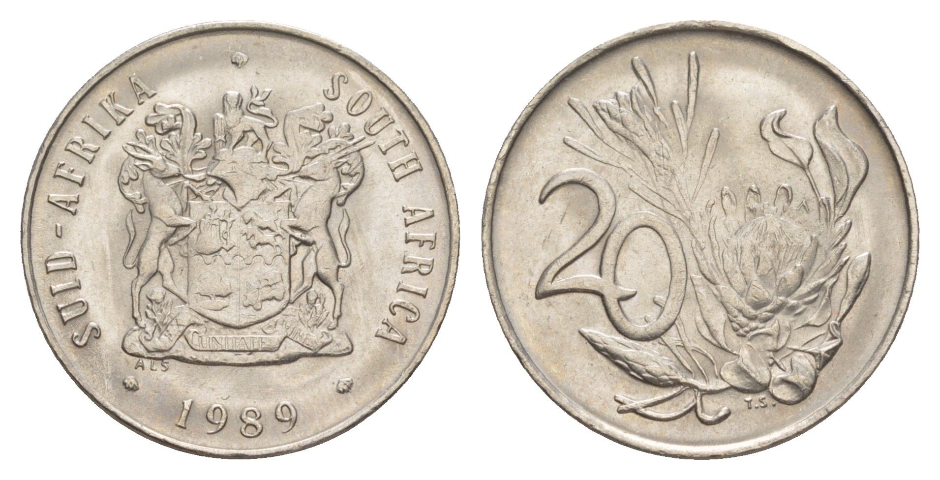 ЮАР 20 центов 1989 герб, цветок протея KM 86 никель UNC 4601-646