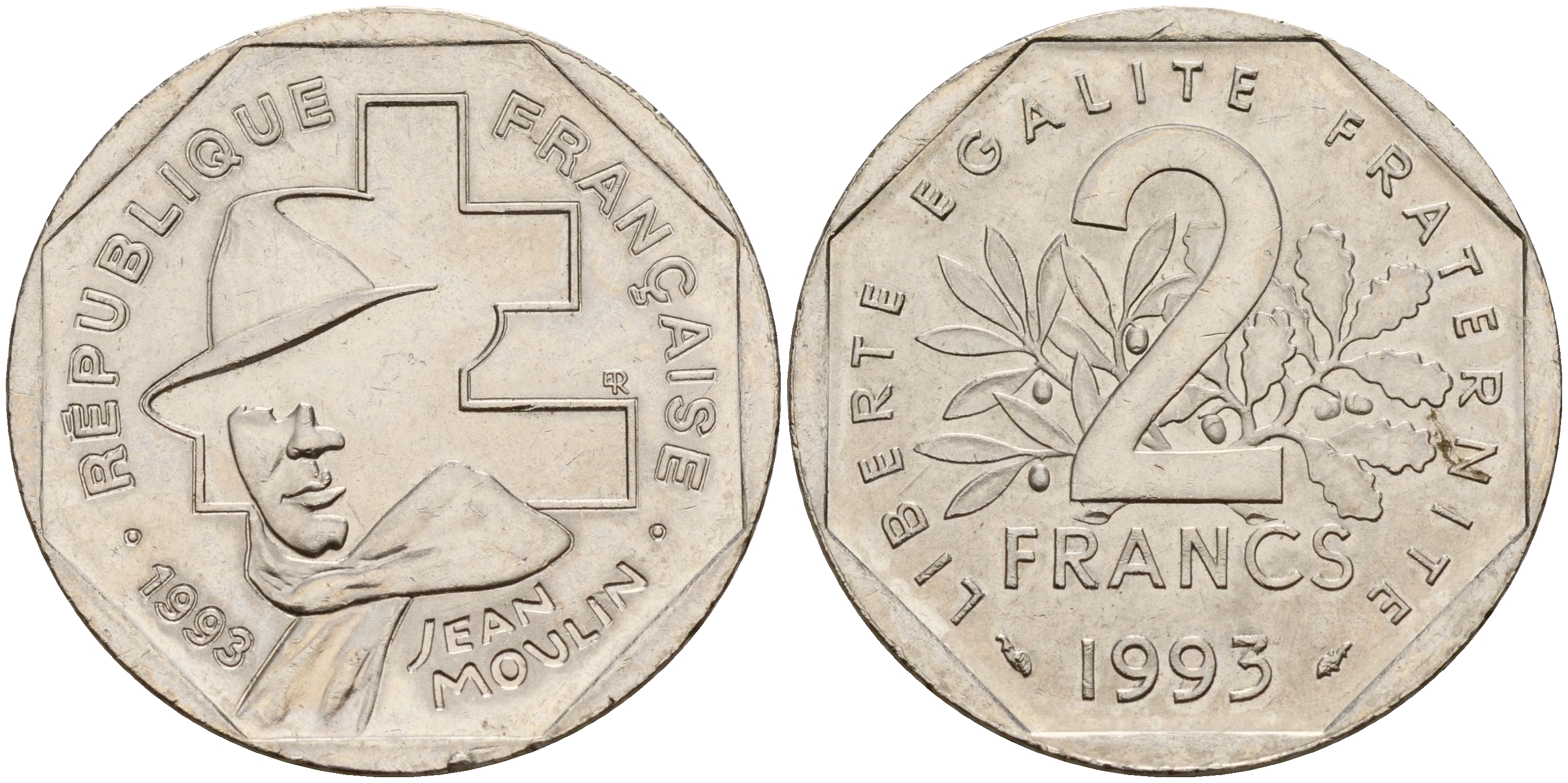 Франция 2 франка 1993 Жан Мулен, 50 лет Национальному движению сопротивления KM 1062, Le Franc 273.2 никель 4601-922