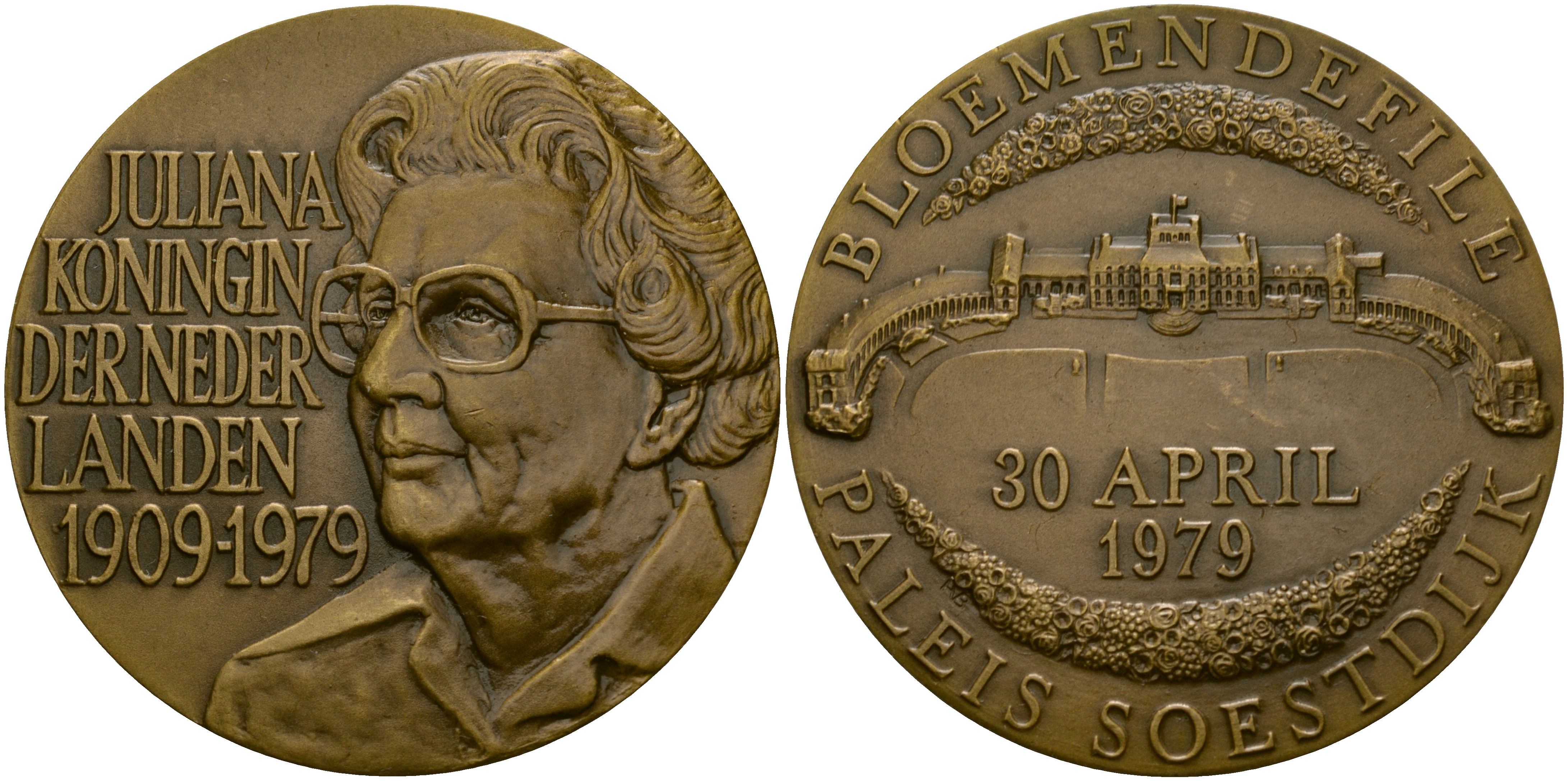 Нидерланды медаль 1979 70 лет королеве Юлиане, 50 мм, 47,6 гр бронза UNC 1-5-2-18