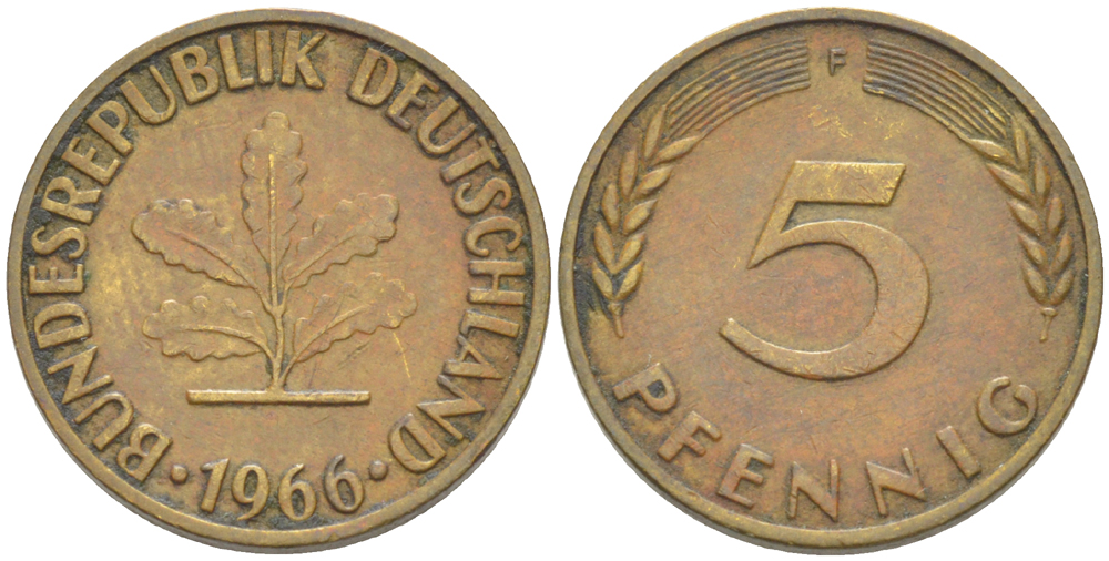 ФРГ 5 ПФЕННИГОВ 1966 F KM 107, J. 382 сталь плакированная латунью 4181-915