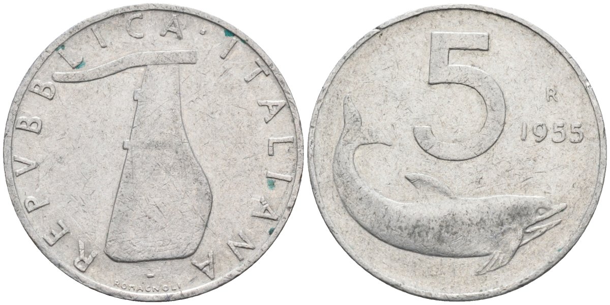 Италия 5 лир 1955 R, плуг, дельфин KM 92 алюминий 4585-969