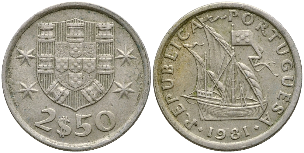 ПОРТУГАЛИЯ 2,5 ЭСКУДО 1981 ПАРУСНИК KM 590 медно-никель 4387-125