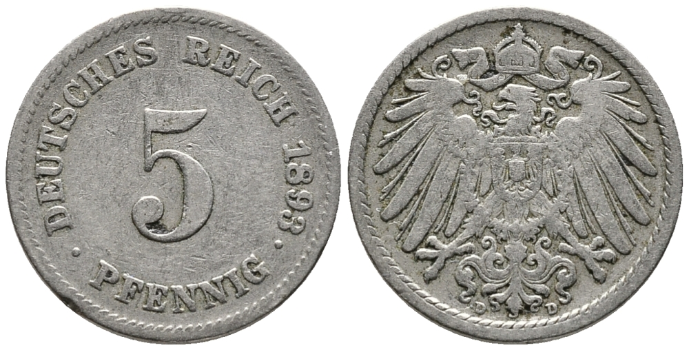 ГЕРМАНИЯ 5 ПФЕННИГОВ 1893 D KM 11, J. 12 медно-никель 39-654