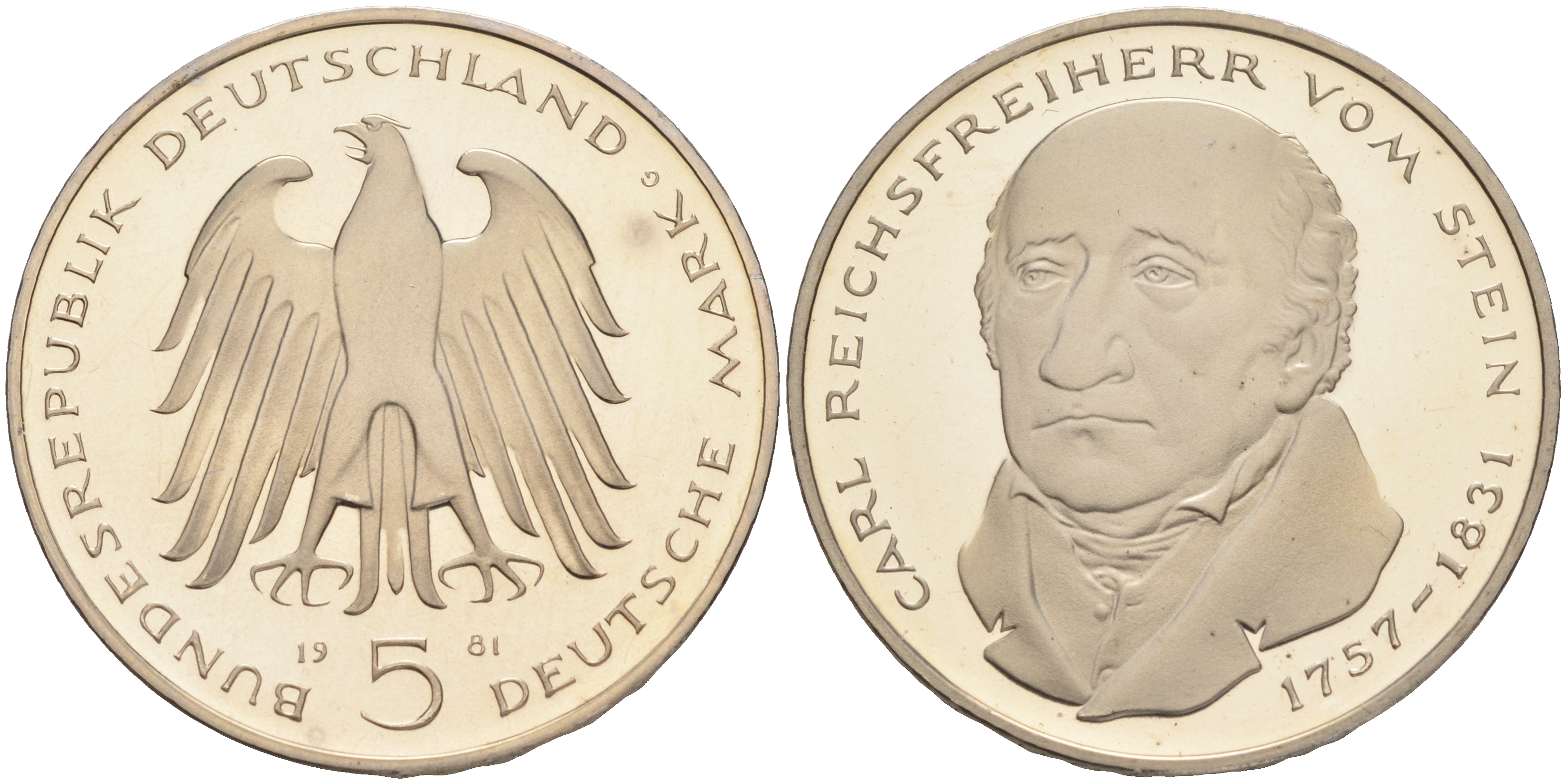 ФРГ 5 марок 1981 G, 150 лет со дня смерти Карла фон Штейна KM 155, J. 430 медно-никель плакированный никелем плакированный никелем PROOF 02-265-33