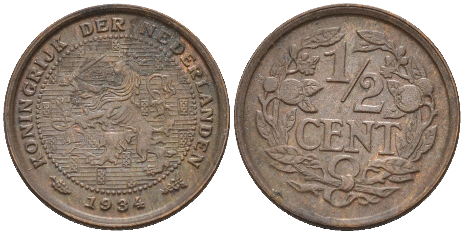 Нидерланды 1/2 цента 1934 Вильгельмина (1890-1948) КМ 138 бронза  UNC  4174-534