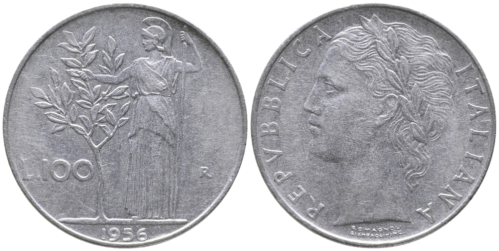 ИТАЛИЯ 100 ЛИР 1956 R, АФИНА KM 96.1 нержавеющая сталь 32-621