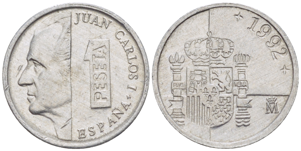 ИСПАНИЯ 1 ПЕСЕТА 1992 ХУАН КАРЛОС I ( 1975-) KM 832 алюминий 4181-1052
