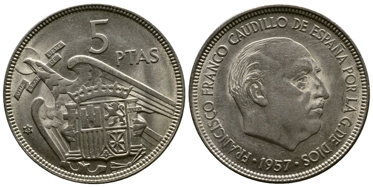 ИСПАНИЯ 5 ПЕСЕТ 1957 (63) ФРАНСИСКО ФРАНКО ДИКТАТОР ИСПАНИИ (1939-1975) KM 786 медно-никель 3334-215