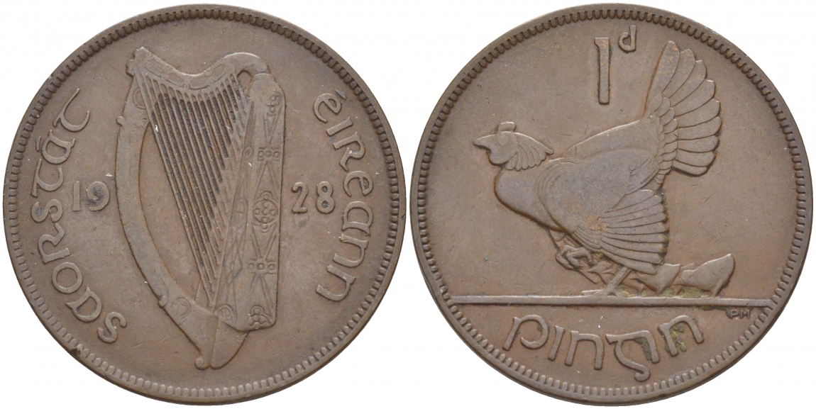 Ирландия 1 пенни 1928 курица с цыплятами KM 3 бронза 4545-1024