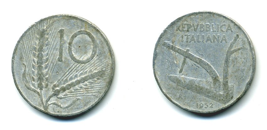 ИТАЛИЯ 10 ЛИР 1952 R ПЛУГ KM 93 алюминий 23-1143