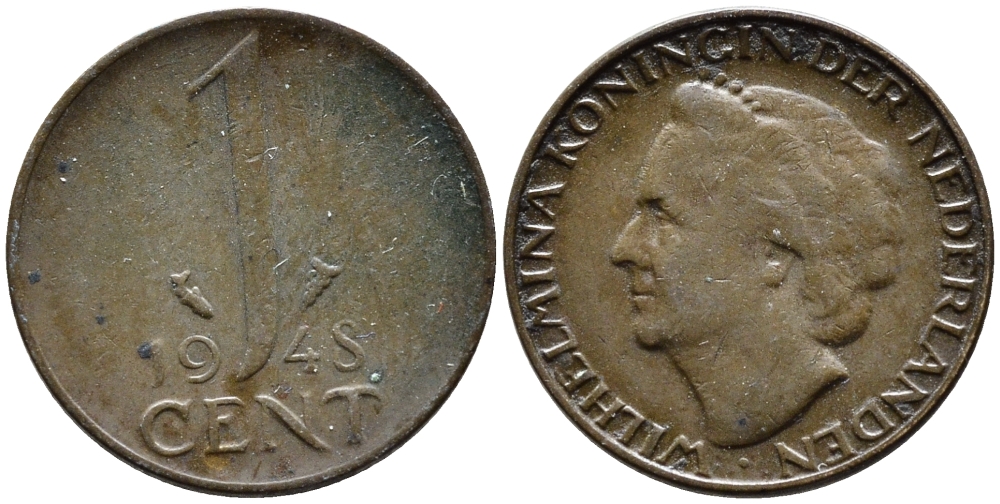 Нидерланды 1 цент 1948 Вильгельмина (1890-1948), год тип KM 175 бронза 4392-425