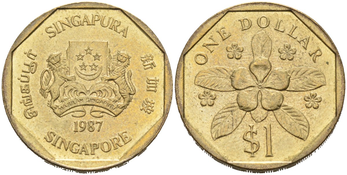 Сингапур 1 доллар 1987 барвинок KM 54b алюминиевая бронза 4575-1051