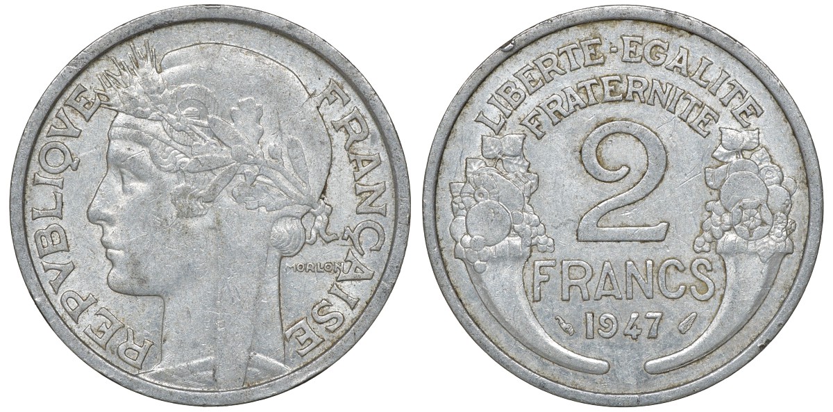 Франция 2 франка 1947 KM 886а.1, Le Franc 269.10 алюминий 4163-657