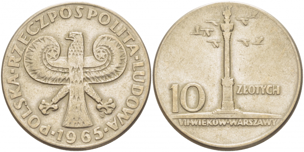 Польша 10 злотых 1965 MW, 700 лет Варшаве, Колонна Сигизмунда KM 55 медно-никель 4403-543