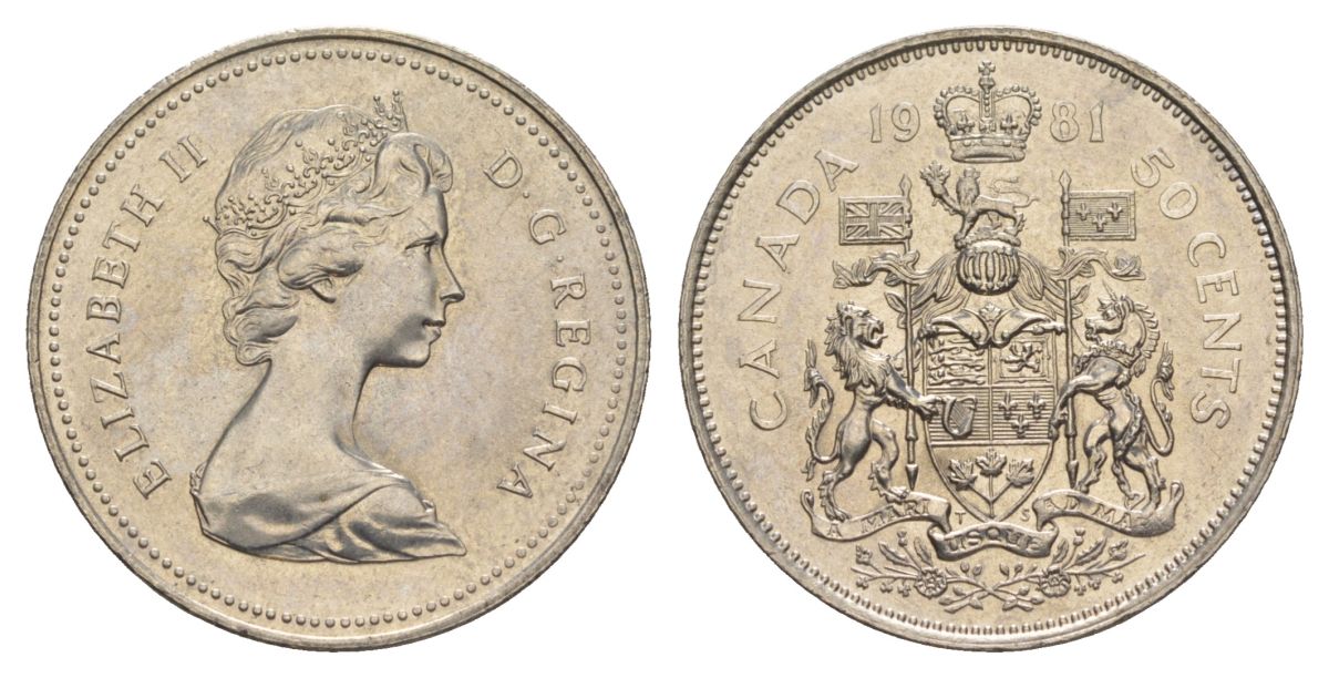 Канада 50 центов 1981 Елизавета II (1952-2022), герб KM 75 никель UNC 4631-1016