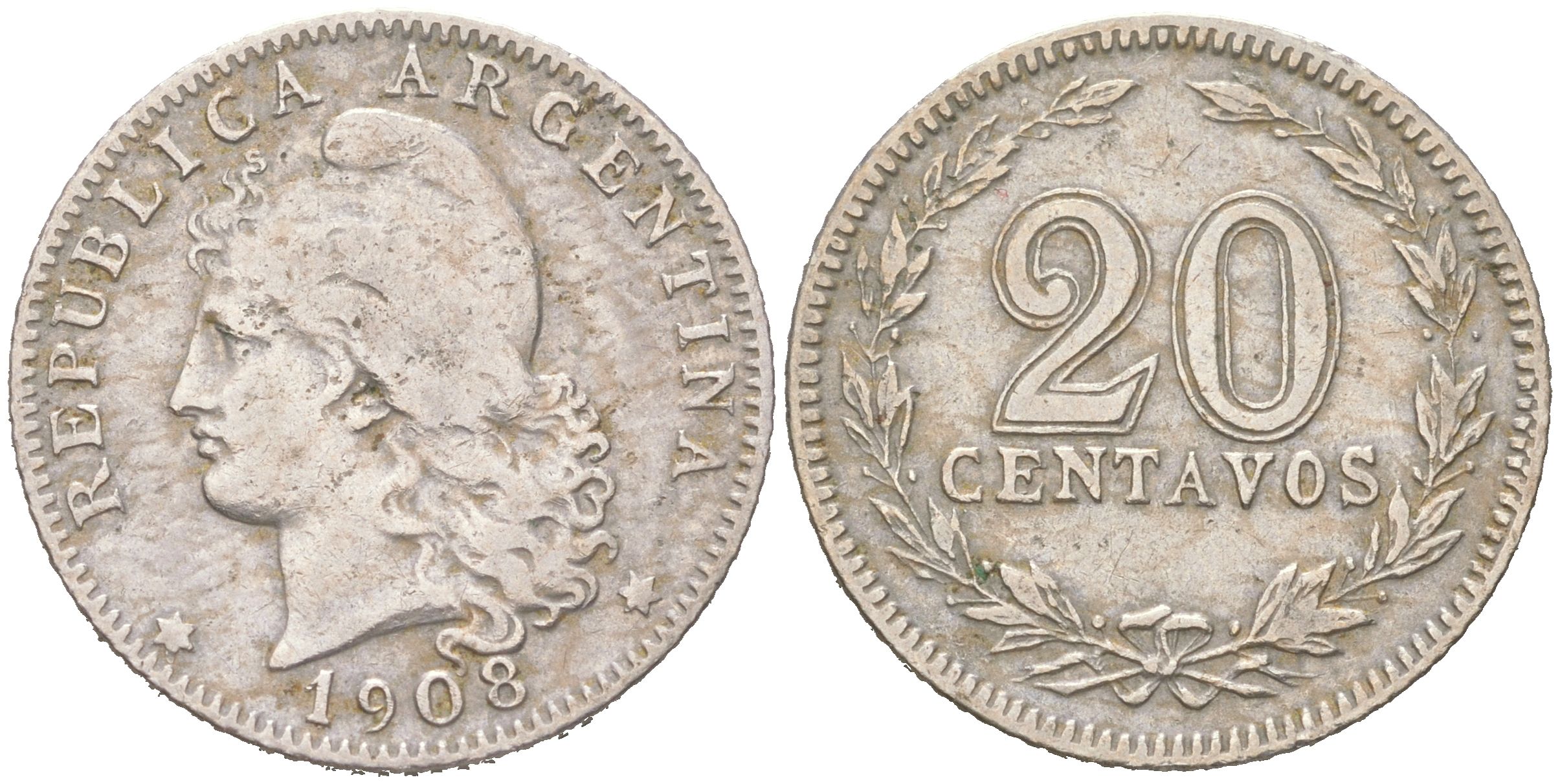 Аргентина 20 сентаво 1908 редкий год KM 36 медно-никель 4044-1441