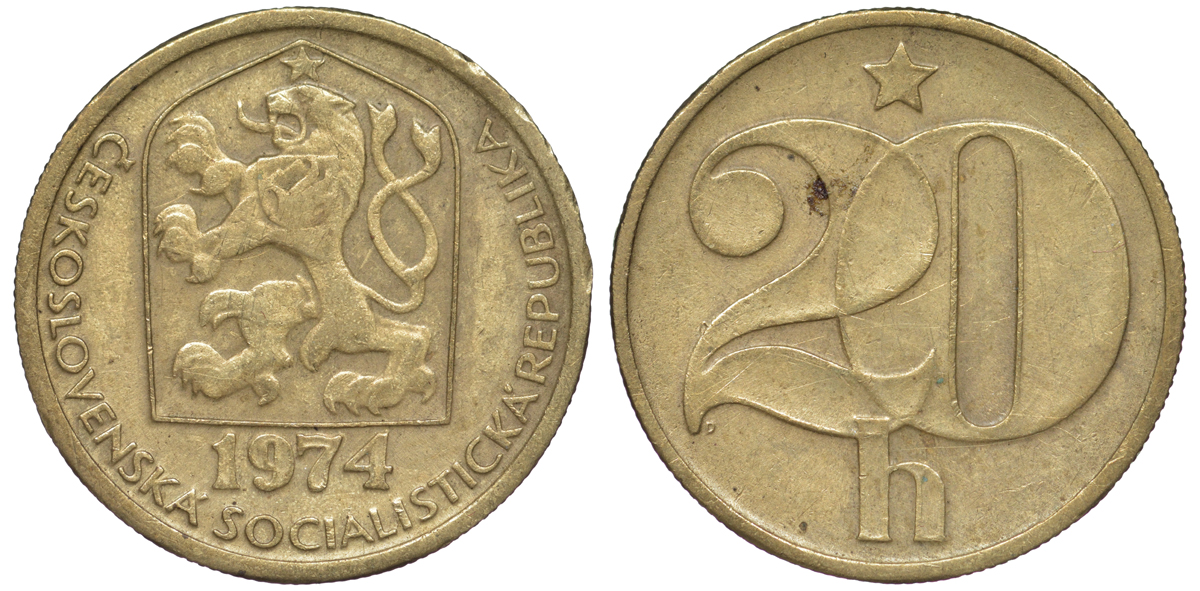 ЧЕХОСЛОВАКИЯ 20 ГЕЛЛЕРОВ 1974 KM 74 латунь 45-461