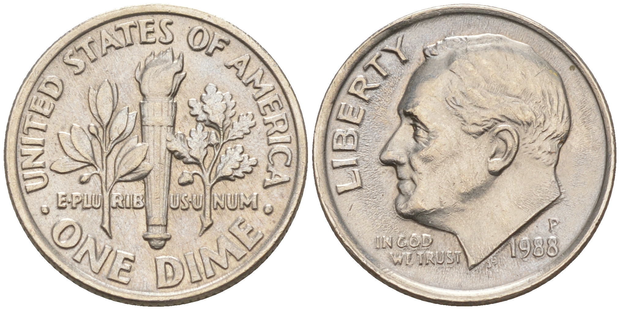 США 10 ЦЕНТОВ = 1 ДАЙМ 1988 P, РУЗВЕЛЬТ KM 195a медь плакированная медно-никелем 188-441