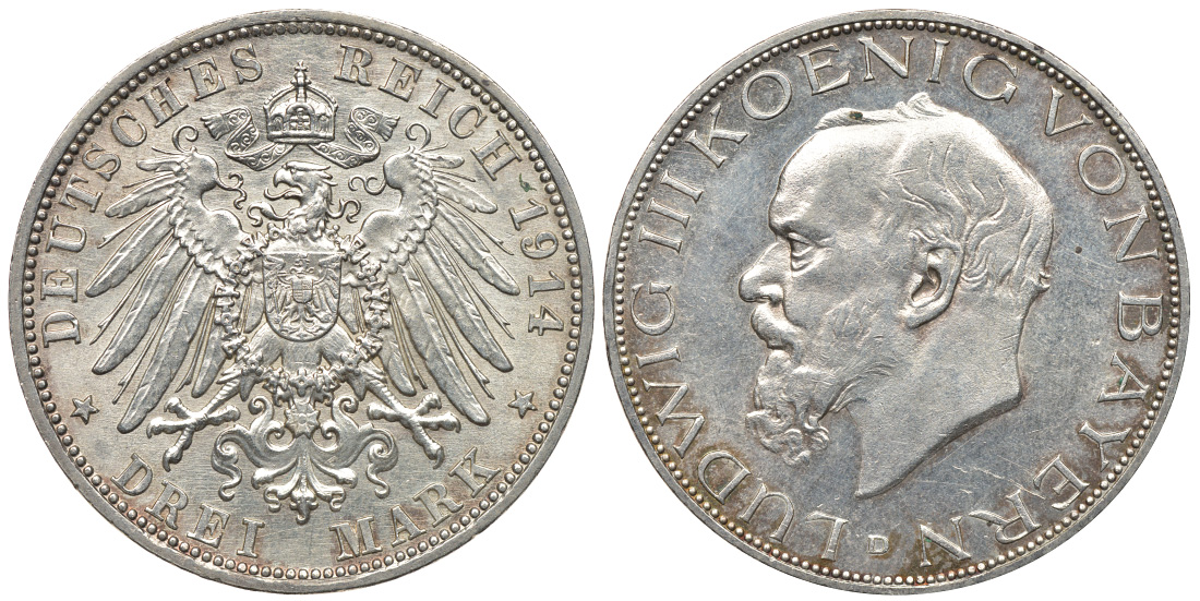 Бавария 3 марки 1914 D, Людвиг III (1913-1918) Weege 52, J. 52, KM 520 серебро 413-5522
