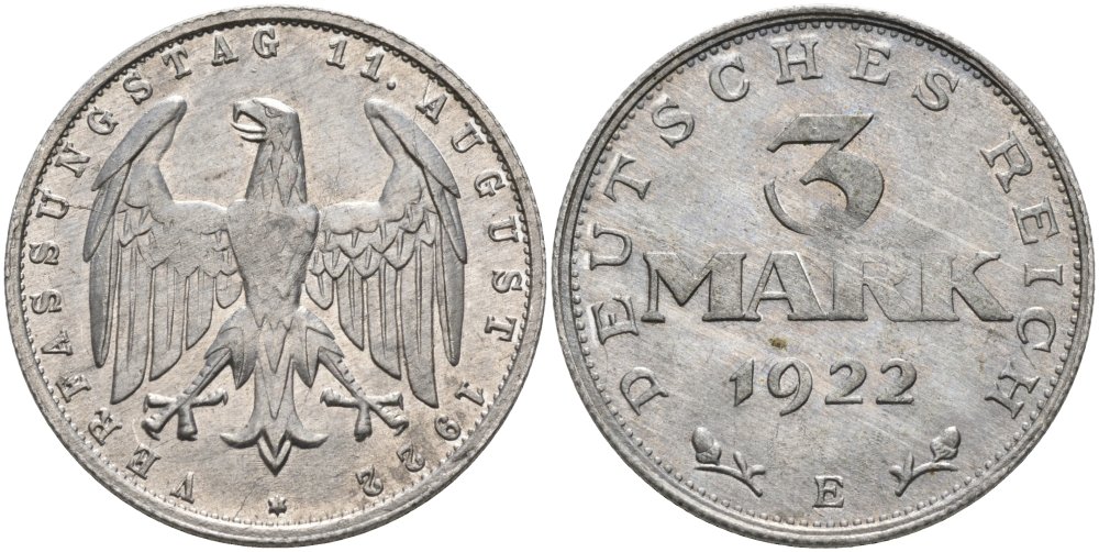 Германия 3 марки 1922 Е, третья годовщина Веймарской Конституции KM 29, J.303 алюминий UNC 4574-811