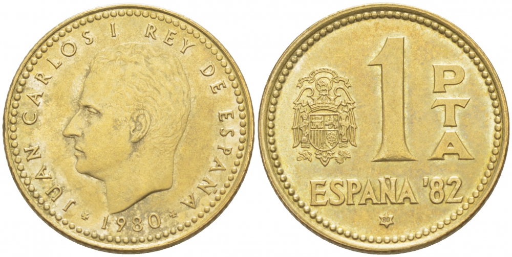 Испания 1 песета 1980 (80) чемпионат мира по футболу в Испании 1982 года, Хуан Карлос I (1975-) KM 816 алюминиевая бронза 87-1517