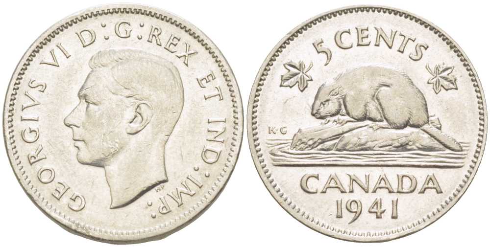 Канада 5 центов 1941 бобр, Георг VI (1937-1952) KM 33 никель 4448-855