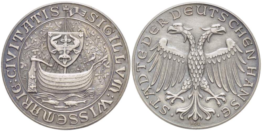 ГЕРМАНИЯ МЕДАЛЬ ND ГОРОД ГАНЗА, ГЕРБ, ДИАМЕТР 32 ММ. белый металл 1068-3-23