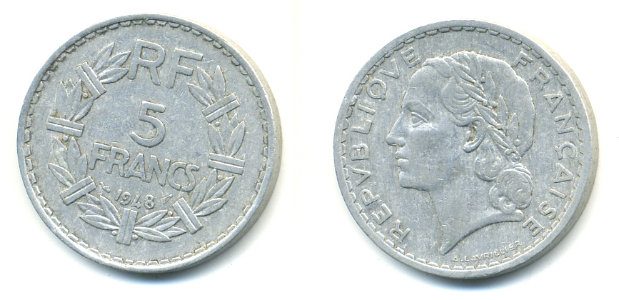 ФРАНЦИЯ 5 ФРАНКОВ 1948 OPEN 9 KM 888b.1 алюминий 83-524