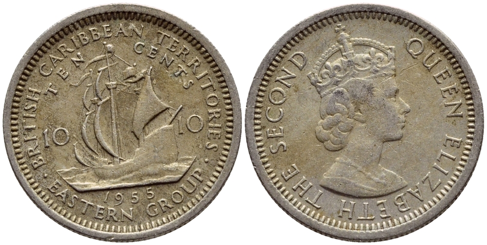 Британские Восточно-Карибские территории 10 центов 1955 Елизавета II (1952-2022), парусник KM 5 медно-никель 4387-223